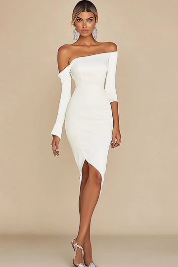 White Off The Shoulder Bodycon Graduation Dress with Long Sleeves